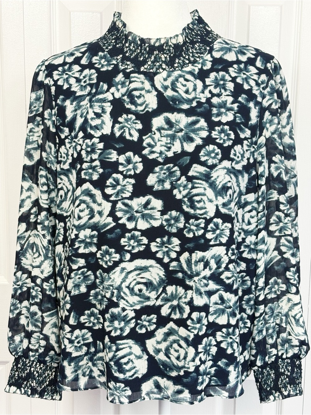 J. Crew Navy Blue Floral Print Smocked Neck Long Sleeve Blouse Top Medium